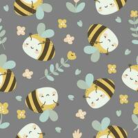 Seamless vector pattern. Cute bees and daisies. Pattern on gray background for children's products