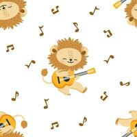 Seamless vector pattern. Cute lion playing guitar, sheet music. Pattern for printing on children's products on white background