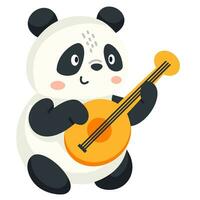 Flat vector illustration. Cute panda dancing and playing guitar. Children's illustration on white background