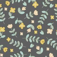 Seamless vector pattern. Delicate flowers in Scandinavian style, naive art. Pattern on gray background