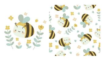 Vector set for printing on children's products. Print for printing on children's products. Cute bee with flowers, seamless vector pattern