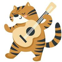 Flat vector illustration. Cute tiger dancing and playing guitar. Children's illustration on white background