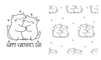 Vector set for printing on children's products. Cute fat kitties cuddle, hearts, linear style, seamless vector pattern ifor Valentine's Day