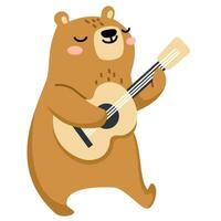 Flat vector illustration. Cute Bear dancing and playing guitar. Children's illustration on white background