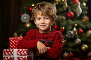 ai generado chico cerca el Navidad árbol y regalos para Navidad foto