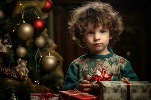 AI generated Boy near the Christmas tree and gifts for Christmas photo