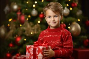 AI generated Boy near the Christmas tree and gifts for Christmas photo