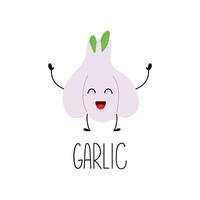 Cute funny garlic character for kids. Hand drawn vegetable card with its name. Vector illustration.