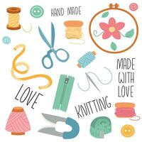 Set of tools for sewing, embroidery, needlework. Spools, scissors, buttons, yarn, zipper, measuring vector
