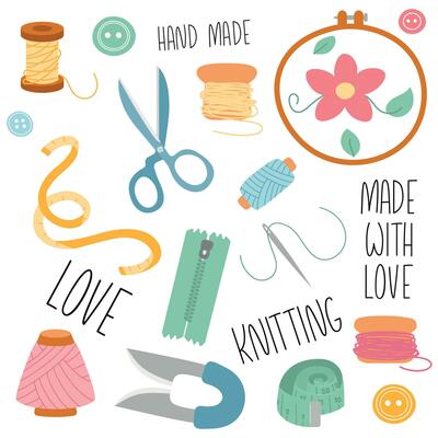 Set of tools for sewing, embroidery, needlework. Spools, scissors, buttons, yarn, zipper, measuring