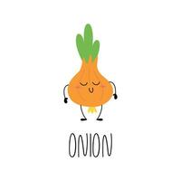 Hand drawn Cute funny onion character for kids. Vegetable card with its name. Vector illustration.