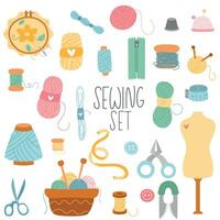 Set of tools for sewing, needlework, knitting. Kit set with scissors, hoop, bucket, spools, threads, measuring, shears, mannequin. Vector