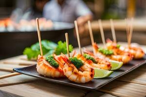 AI generated a plate with shrimp and lime on skewers. AI-Generated photo