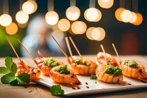 AI generated shrimp skewers with pesto sauce on a plate. AI-Generated photo