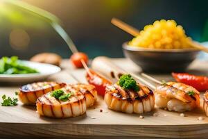 AI generated grilled scallops on wooden board with vegetables. AI-Generated photo