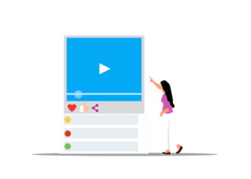 a woman is pointing at a video player on a screen png