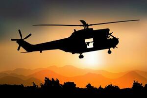 Silhouette of a combat helicopter at sunset, side view, puma in french army, vector drawing can be used for web, sticker, patch, logo, illustration and infographic