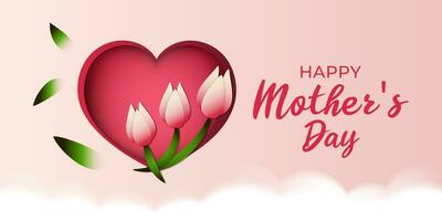 Happy mother day greeting template, tulips and heart with clouds for banner, print and web vector