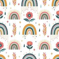 Seamless pattern in boho style with rainbows and flowers. Vector graphics.