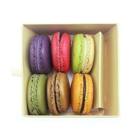 Tasty colorful macaroon in box paper on white background photo