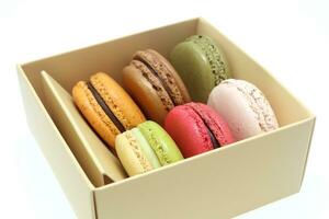 Tasty colorful macaroon in box paper on white background photo