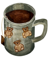 Watercolor illustration of mug with bear and tea isolated for the design of cards, packaging, logos, etc. Winter clip art set. png