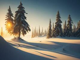 ai generado hermosa invierno paisaje con puesta de sol en el Nevado montañas, arboles cubierto con nieve foto