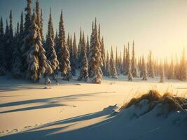 AI generated beautiful winter landscape with sunset in the snowy mountains, trees covered with snow photo