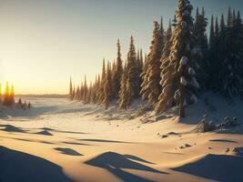 AI generated beautiful winter landscape with sunset in the snowy mountains, trees covered with snow photo