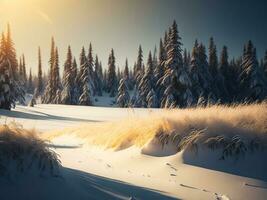 AI generated beautiful winter landscape with sunset in the snowy mountains, trees covered with snow photo