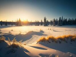 AI generated beautiful winter landscape with sunset in the snowy mountains, trees covered with snow photo