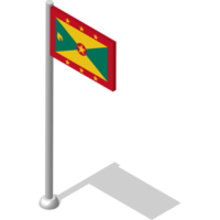 Isometric flag of GRENADA in static position on flagpole. National banner of country in static, even position. PNG image on transparent background