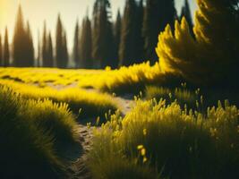 AI generated Glowing Fields of Winter Soft Focus Sunset Meadow with Yellow Flowers Nature's Embrace. A Symphony of Colors Warm Winter Sunset Meadow with Abstract Soft Focus Nature Harmony. photo