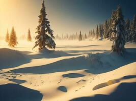 ai generado hermosa invierno paisaje con puesta de sol en el Nevado montañas, arboles cubierto con nieve foto