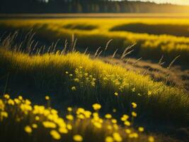 AI generated Glowing Fields of Winter Soft Focus Sunset Meadow with Yellow Flowers Nature's Embrace. A Symphony of Colors Warm Winter Sunset Meadow with Abstract Soft Focus Nature Harmony. photo