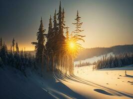 ai generado hermosa invierno paisaje con puesta de sol en el Nevado montañas, arboles cubierto con nieve foto