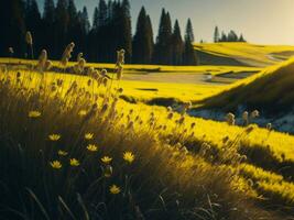 ai generado brillante campos de invierno suave atención puesta de sol prado con amarillo flores de la naturaleza abarcar. un sinfonía de colores calentar invierno puesta de sol prado con resumen suave atención naturaleza armonía. foto