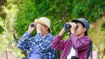 joven asiático Niños son utilizando un binocular a Estar atento para aves y animales en un local parque, suave y selectivo atención foto