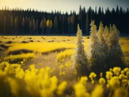 ai generado puesta de sol en el madera Entre el arboles son en invierno período. puesta de sol en el bosque foto