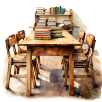 AI generated Watercolor Illustration of Wooden Students Desk png
