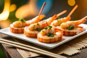 AI generated a plate of shrimp with chopsticks on it. AI-Generated photo