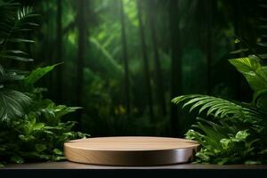 AI generated Wooden podium platform for product display with forest background photo