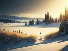 AI generated beautiful winter landscape with sunset in the snowy mountains, trees covered with snow photo