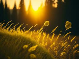 AI generated Glowing Fields of Winter Soft Focus Sunset Meadow with Yellow Flowers Nature's Embrace. A Symphony of Colors Warm Winter Sunset Meadow with Abstract Soft Focus Nature Harmony. photo