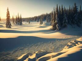 AI generated beautiful winter landscape with sunset in the snowy mountains, trees covered with snow photo