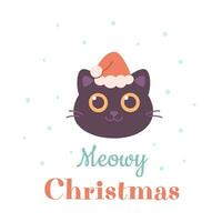 Merry Christmas greeting card with cute cat in Santa hat. vector
