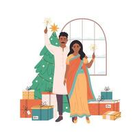 Indian couple holding sparkler and celebrating Christmas or New Year. Christmas tree with presents. vector