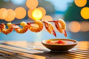 AI generated a bowl of shrimp and sauce on a wooden table. AI-Generated photo