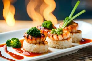 AI generated a plate with shrimp and broccoli on it. AI-Generated photo