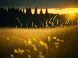 AI generated Glowing Fields of Winter Soft Focus Sunset Meadow with Yellow Flowers Nature's Embrace. A Symphony of Colors Warm Winter Sunset Meadow with Abstract Soft Focus Nature Harmony. photo